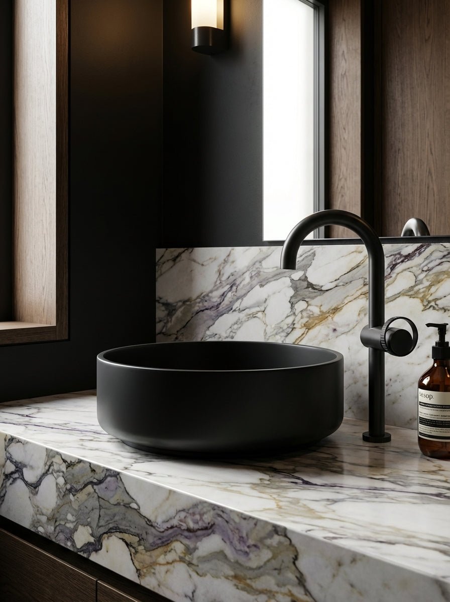 Velva AURA Collection | Tall High - Arc Stainless Steel Vessel Faucet with Carved Dial - FaucetGun Metal