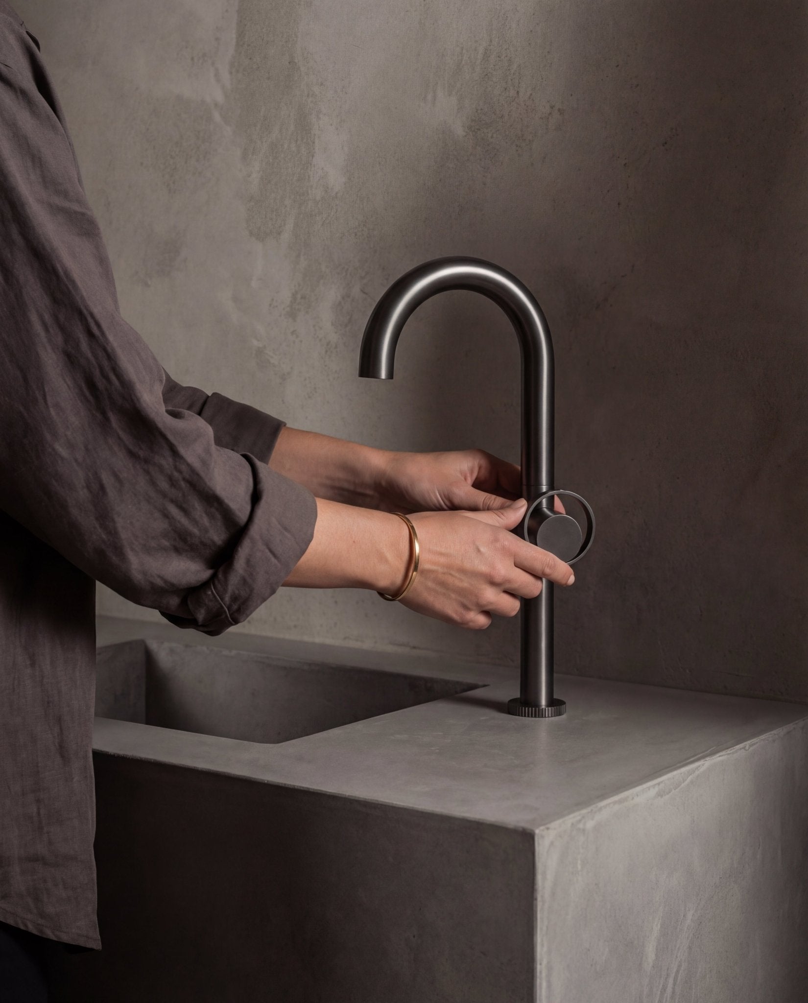 Velva AURA Collection | Tall High - Arc Stainless Steel Vessel Faucet with Carved Dial - FaucetGun Metal