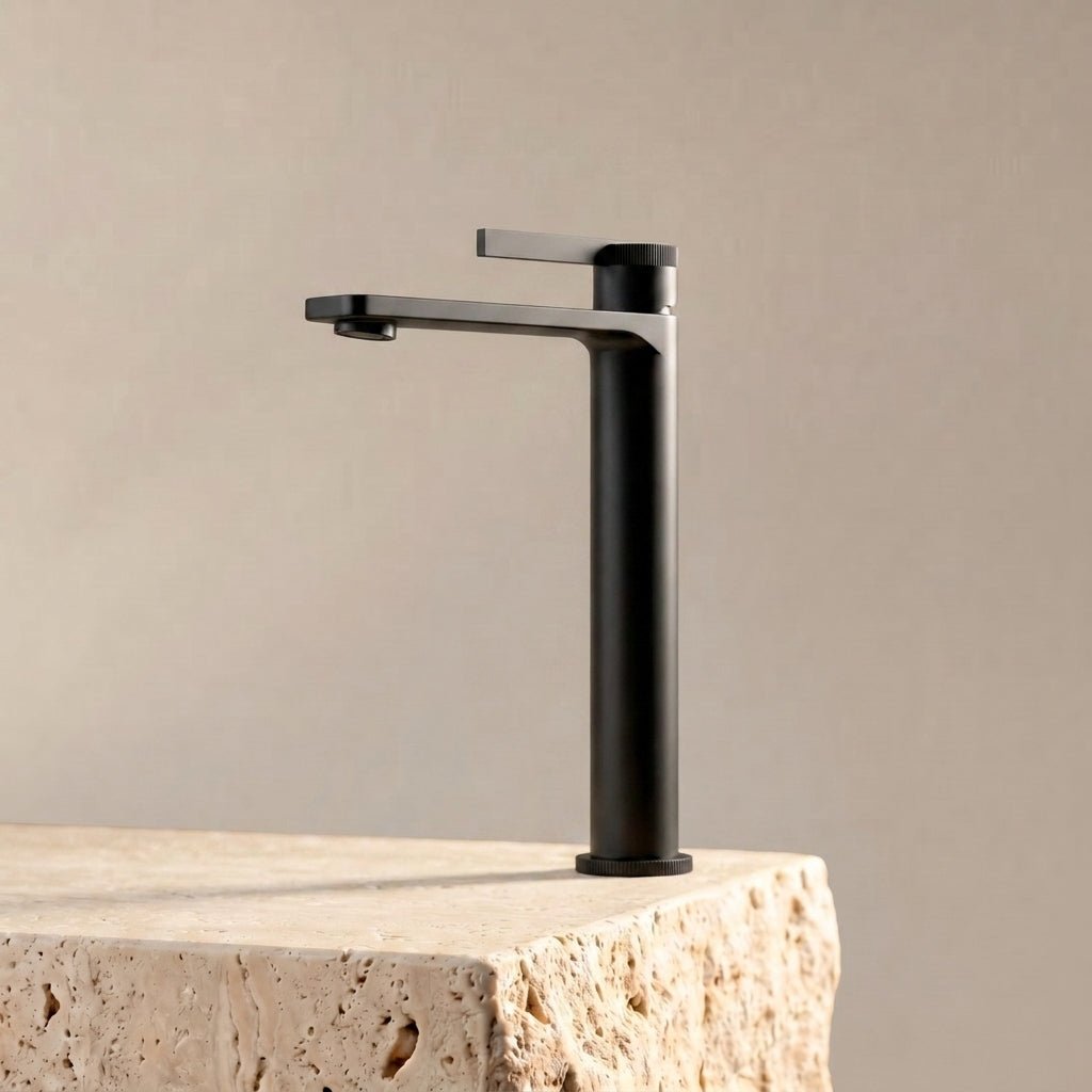 Velva AURA Collection | Tall Vessel Sink Faucet with Knurled Detailing in Solid Brass - FaucetMatte Black