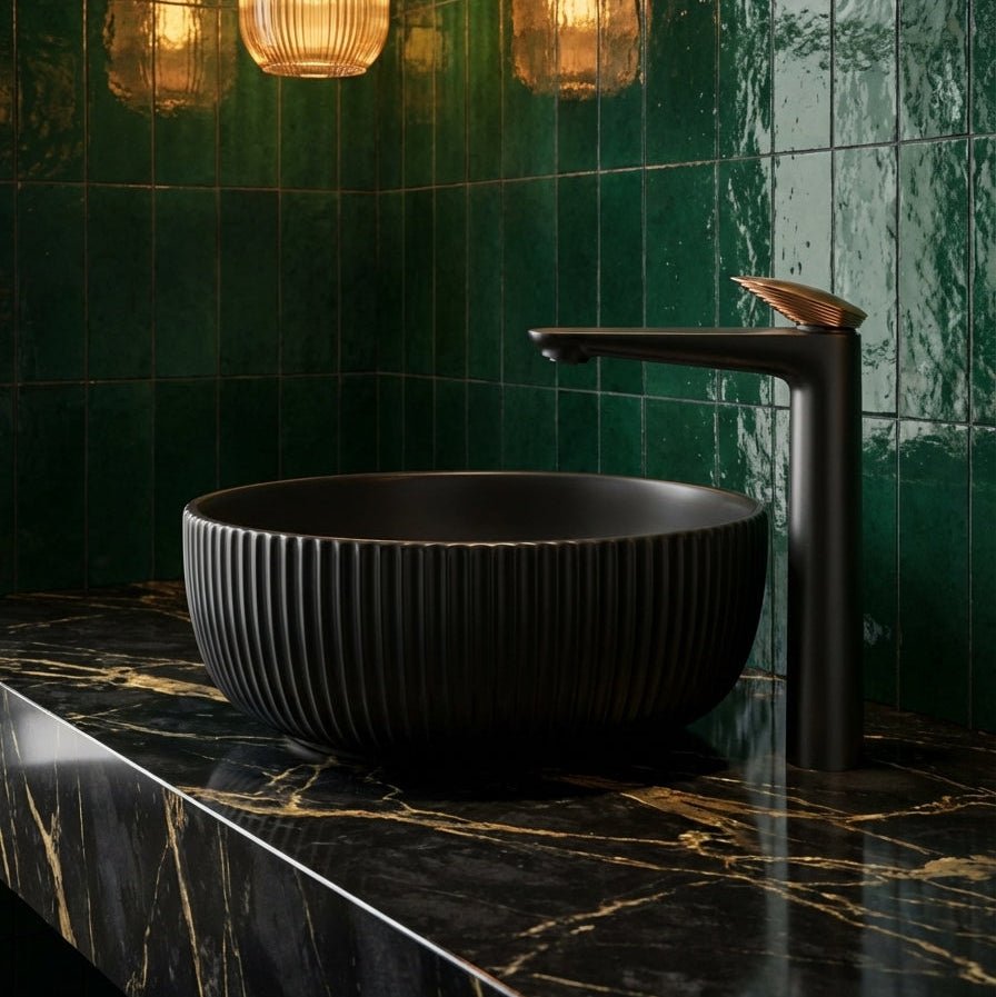 Velva GEMMA Collection | Dual - Tone Tall Vessel Faucet with Rose Gold Crown - FaucetGun Metal