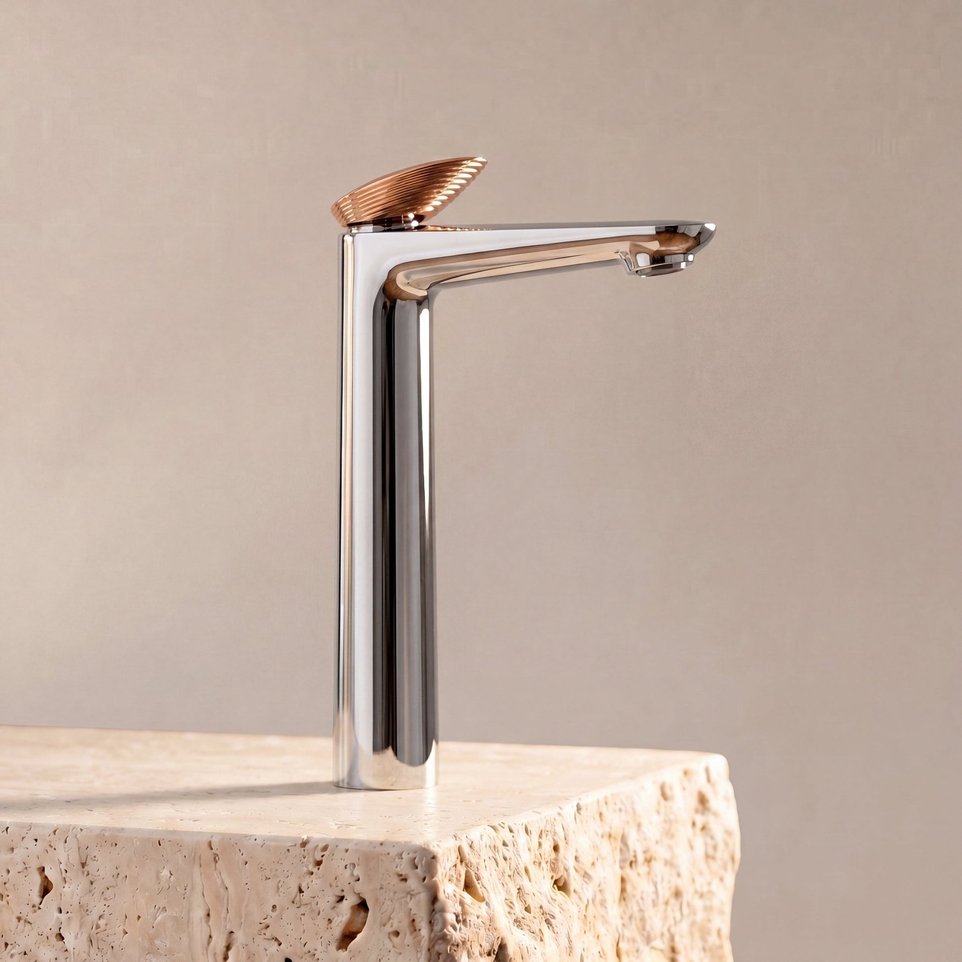 Velva GEMMA Collection | Dual - Tone Tall Vessel Faucet with Rose Gold Crown - FaucetPolished Chrome