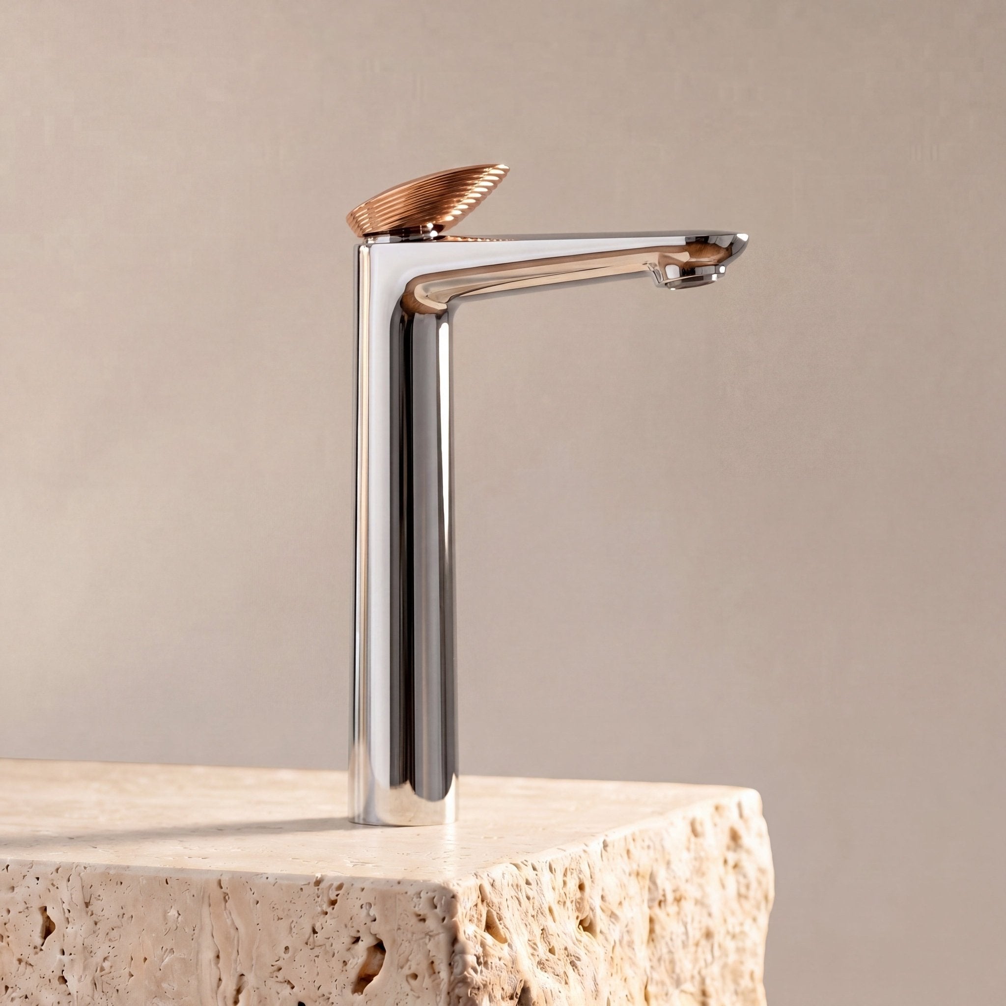 Velva GEMMA Collection | Dual - Tone Tall Vessel Faucet with Rose Gold Crown - FaucetPolished Chrome
