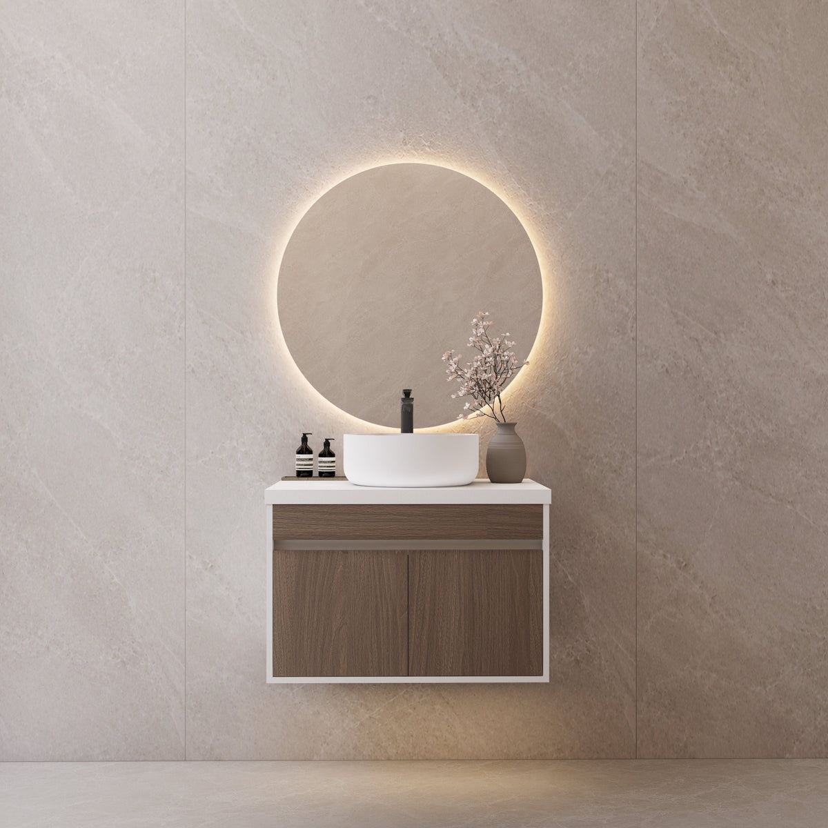 Vessel Sink Vanity — Floating Bathroom Cabinet, Walnut & White (Sink Not Included) -Vanity32"