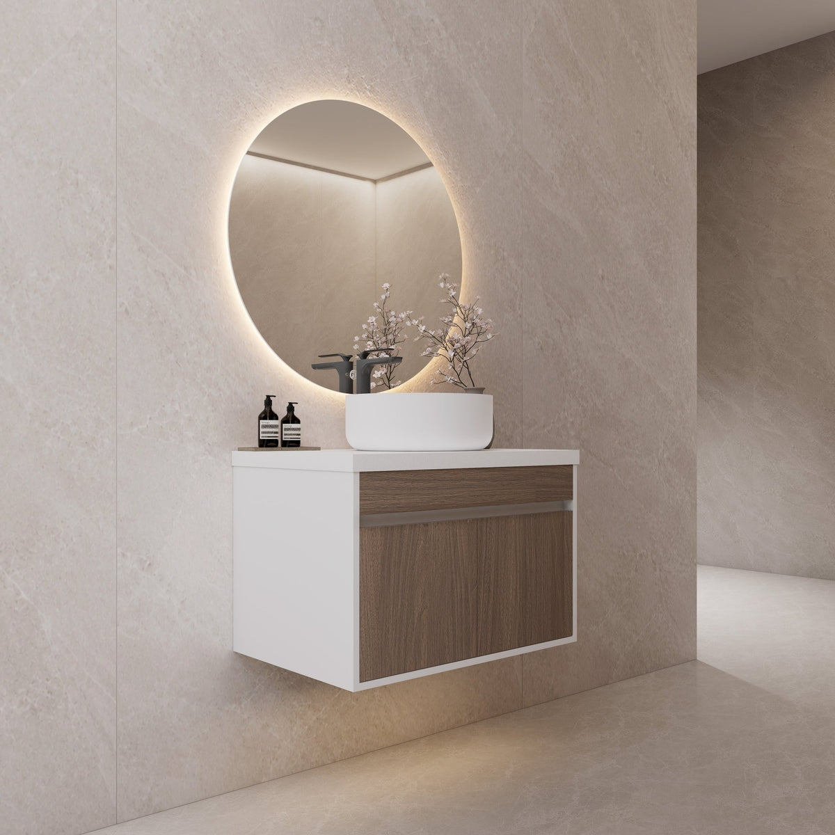 Vessel Sink Vanity — Floating Bathroom Cabinet, Walnut & White (Sink Not Included) -Vanity32"