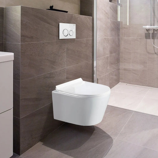 Wall-Mounted Rimless Toilet with Soft Close UF Seat Cover, Dual-Flush Mechanism, and Glossy White Finish.