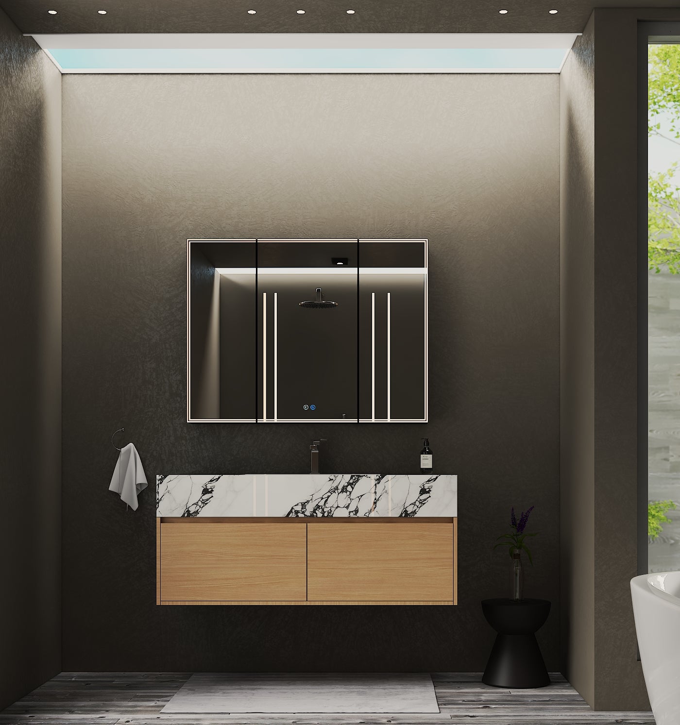 48", 60" Smoked Oak Sintered Stone Top with Double Drawer Floating Bathroom Vanity