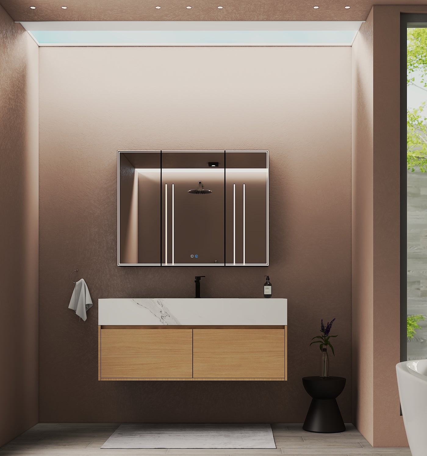 48", 60" Smoked Oak Sintered Stone Top with Double Drawer Floating Bathroom Vanity