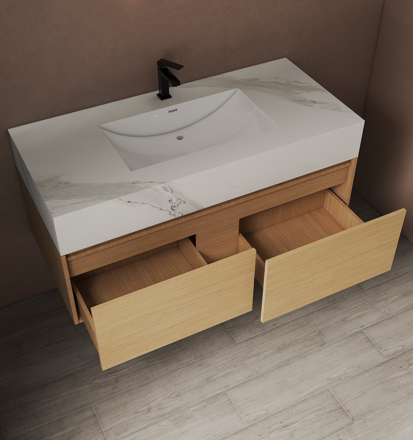 48", 60" Smoked Oak Sintered Stone Top with Double Drawer Floating Bathroom Vanity