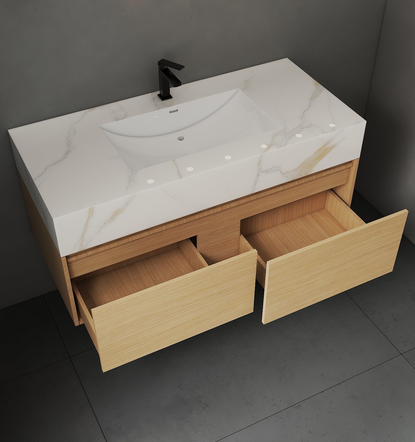 48", 60" Smoked Oak Sintered Stone Top with Double Drawer Floating Bathroom Vanity