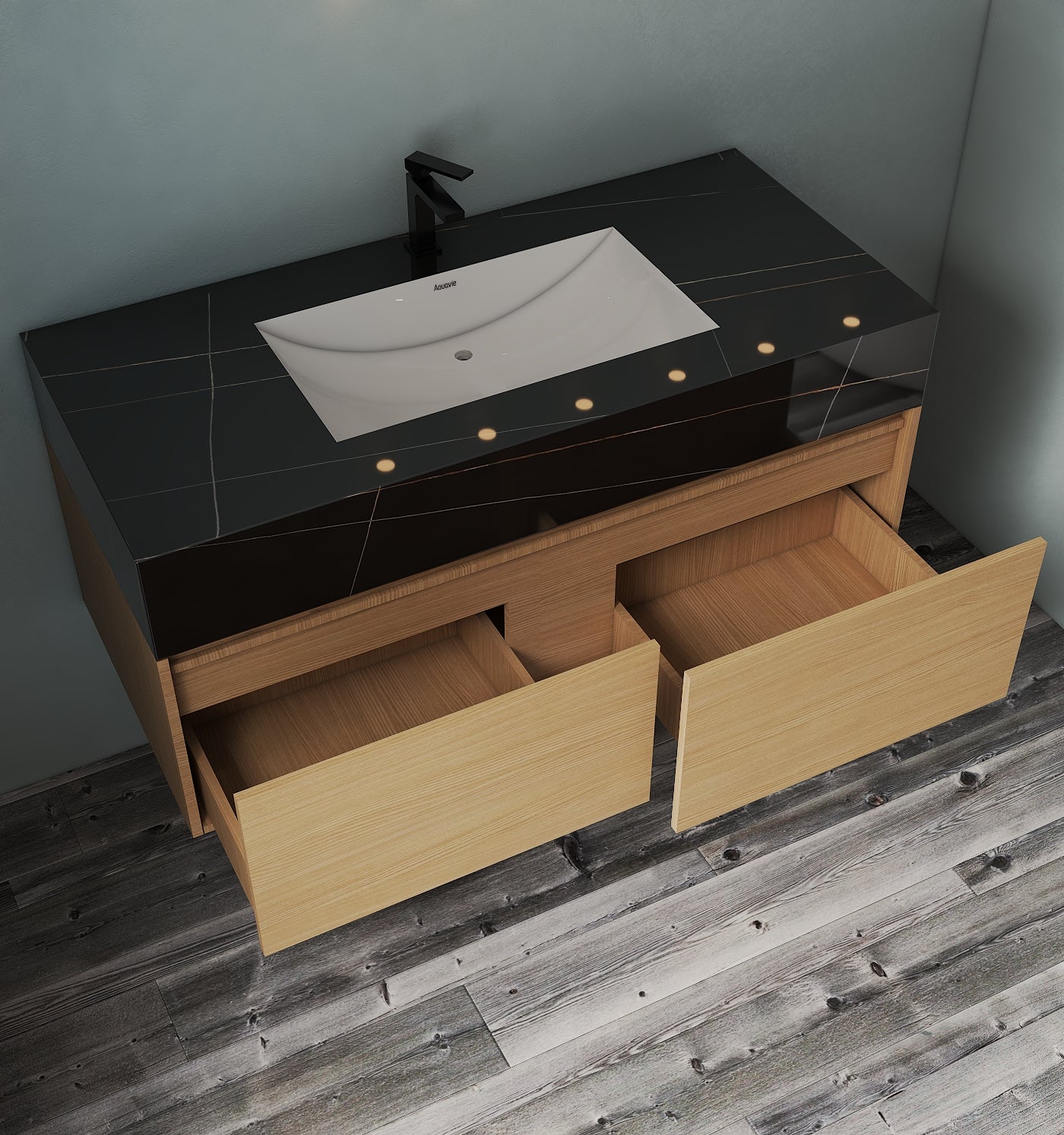 48", 60" Smoked Oak Sintered Stone Top with Double Drawer Floating Bathroom Vanity