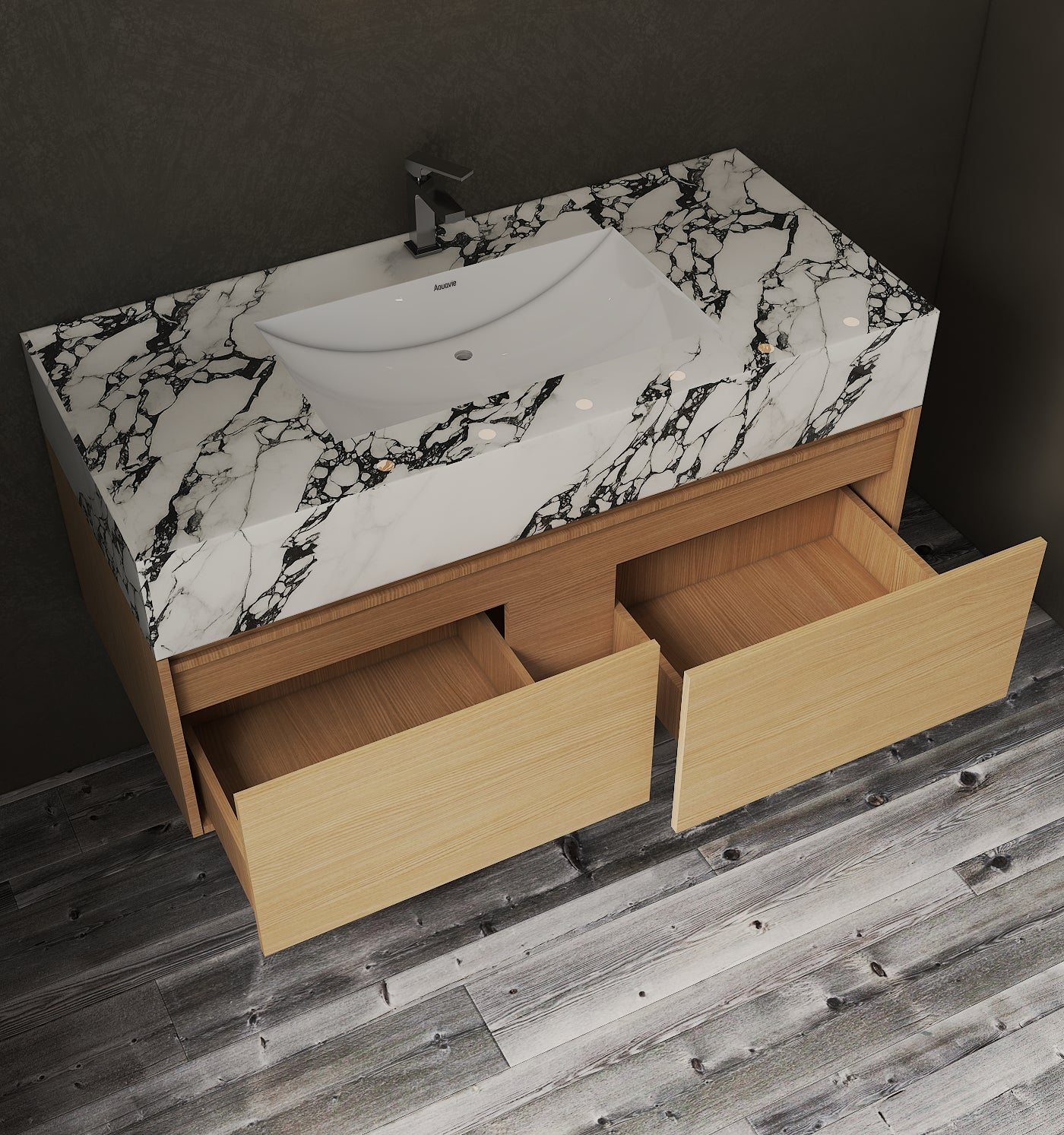 48", 60" Smoked Oak Sintered Stone Top with Double Drawer Floating Bathroom Vanity