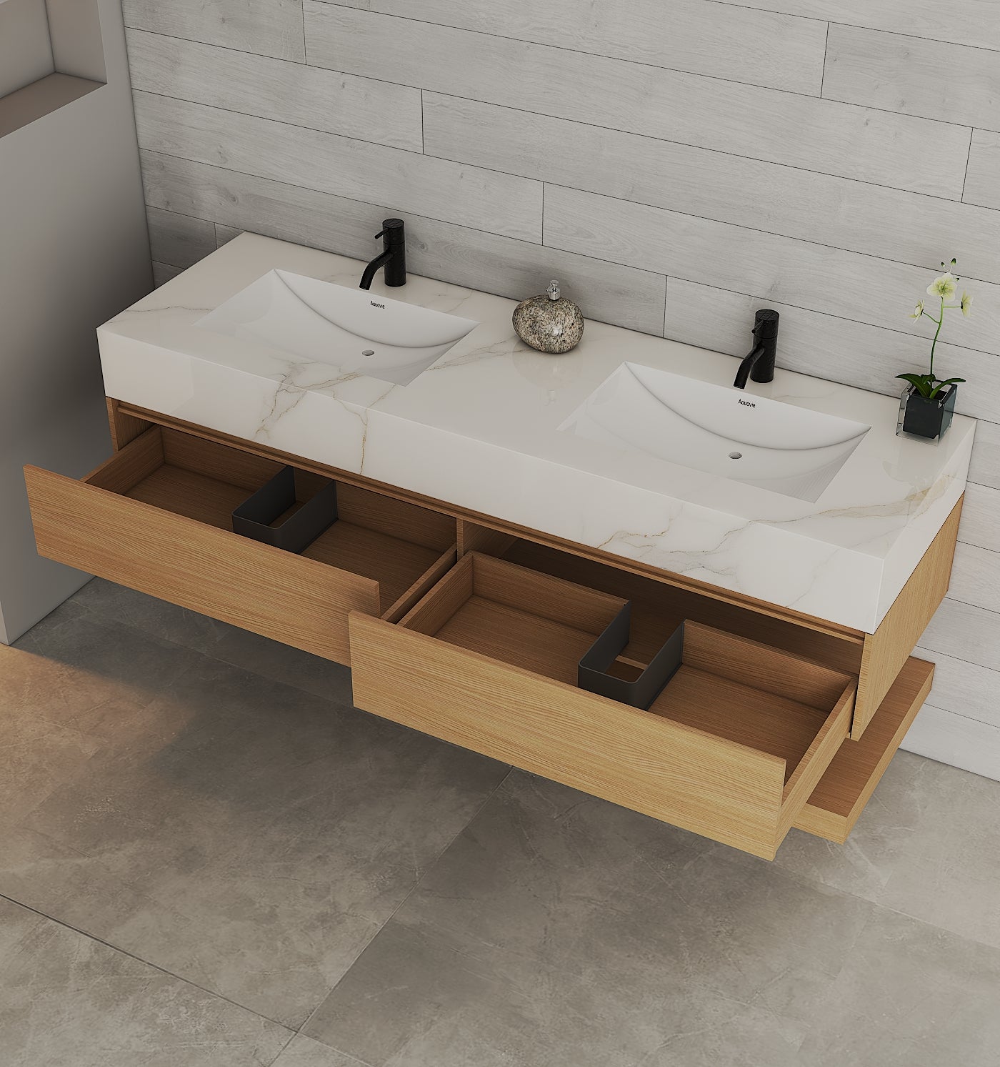 71" Ash Grey Oak Double Sink Stone Top Open Shelf Floating Bathroom Vanity
